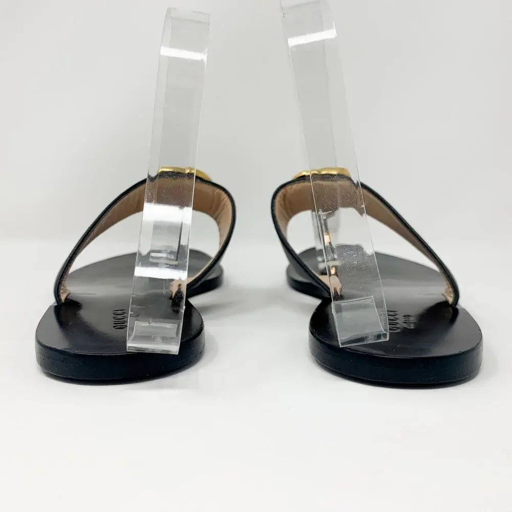 Gucci Marmont GG Black Leather Thong Sandals Gold Logo EU 38.5